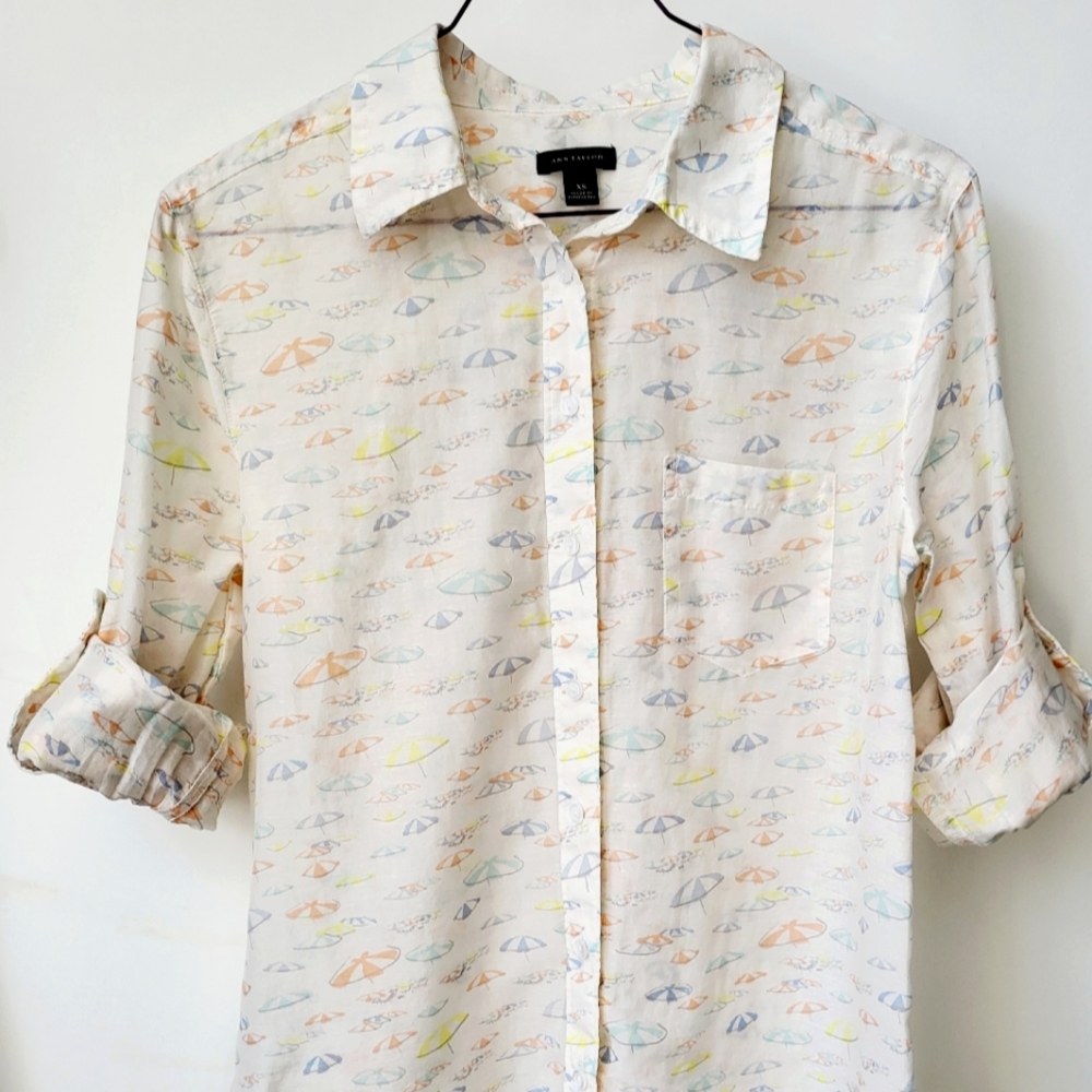 Ann Taylor Beach Umbrella Print Silk Shirt